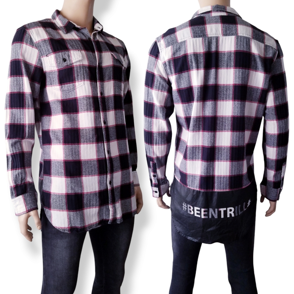 BeenTrill Reconstructed Black & White Plaid Flannel Long Line Logo Paneled Shirt